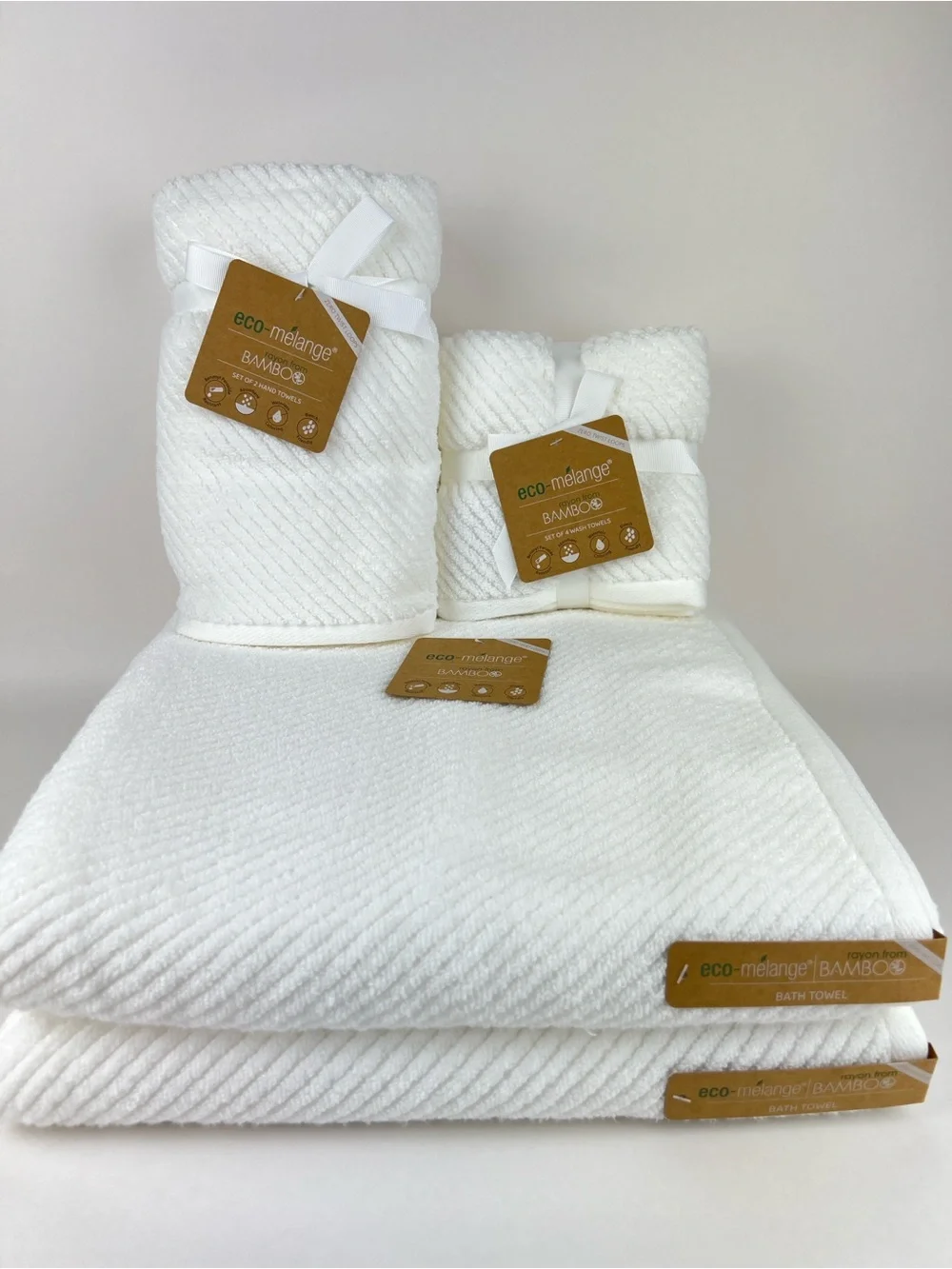 Eco Melange Bamboo Bath Towels White Soft Cotton Rayon Absorbent 8 Pc Set NEW